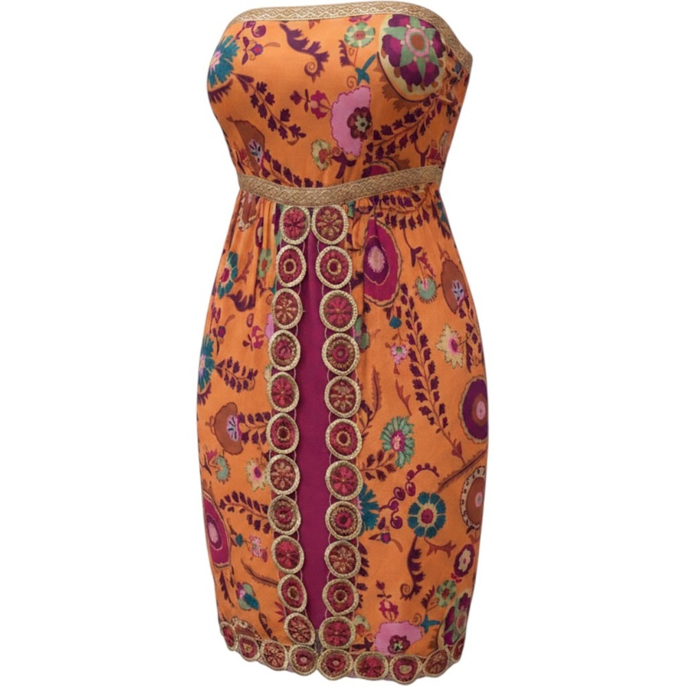 Cynthia Cynthia Steffe Vtg Y2K Size 6 Boho Strapless Floral Dress Metallic Trim